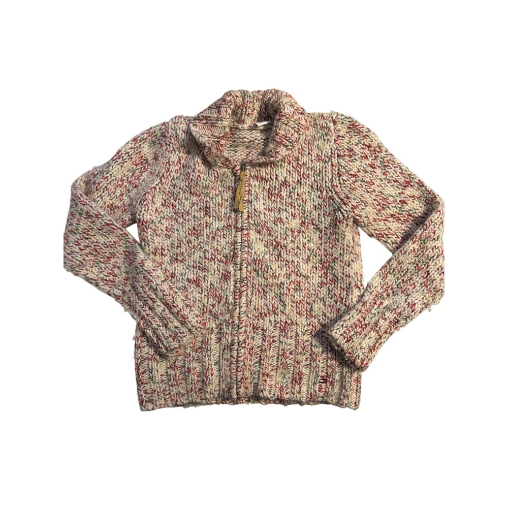 Vintage Tommy Jeans Womens M Chunky Knit Full Zip Wool Blend Sweater Marled Red
